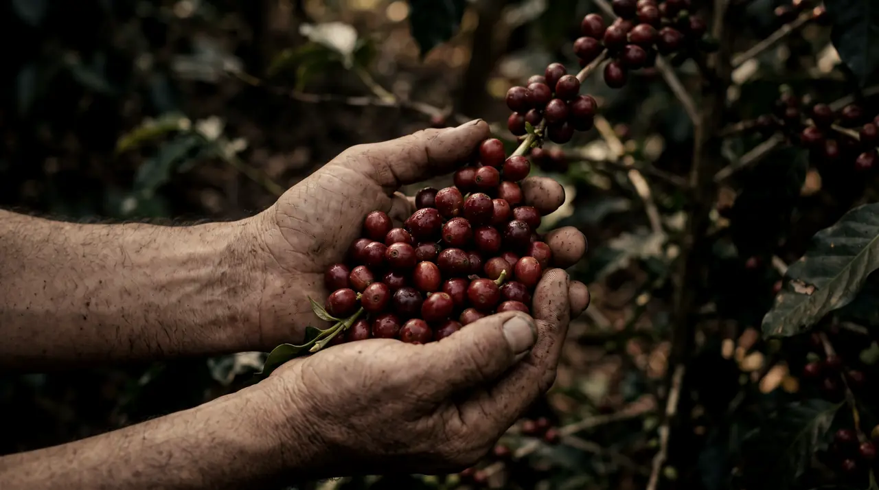 Hands holding a cluster of ripe red coffee cherries on the branch