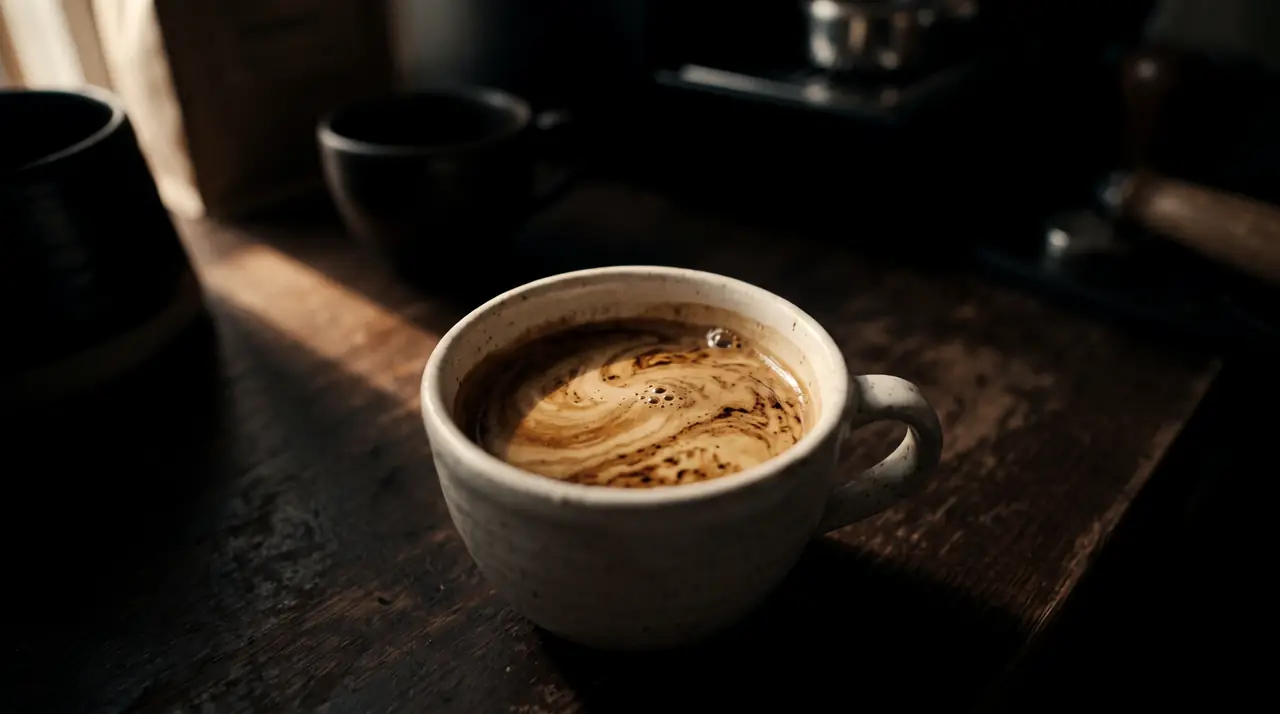 A white cup of espresso with thick crema on a wooden table in low light
