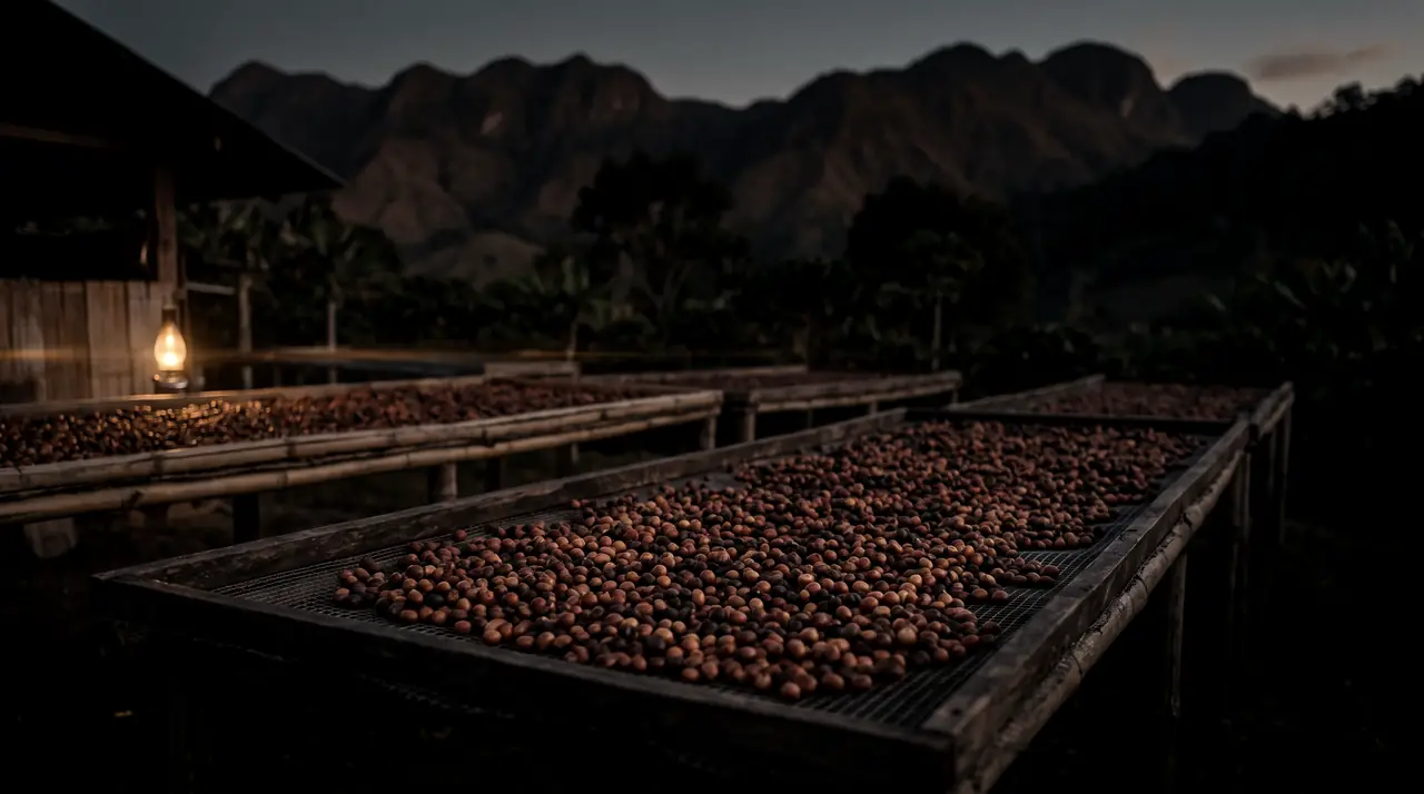 Raised beds of coffee cherries drying in front of mountains at dusk