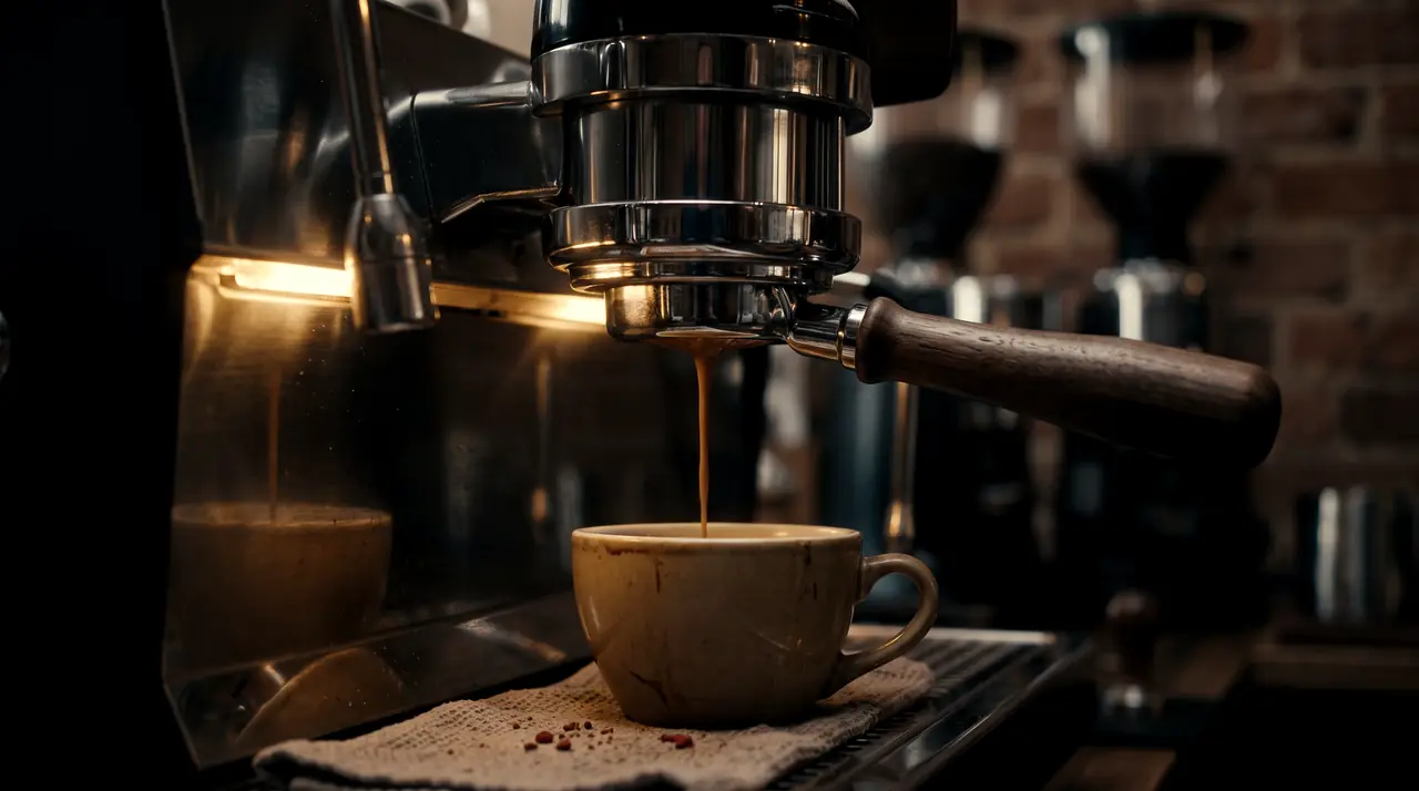 Espresso running from a chrome machine into a yellow cup