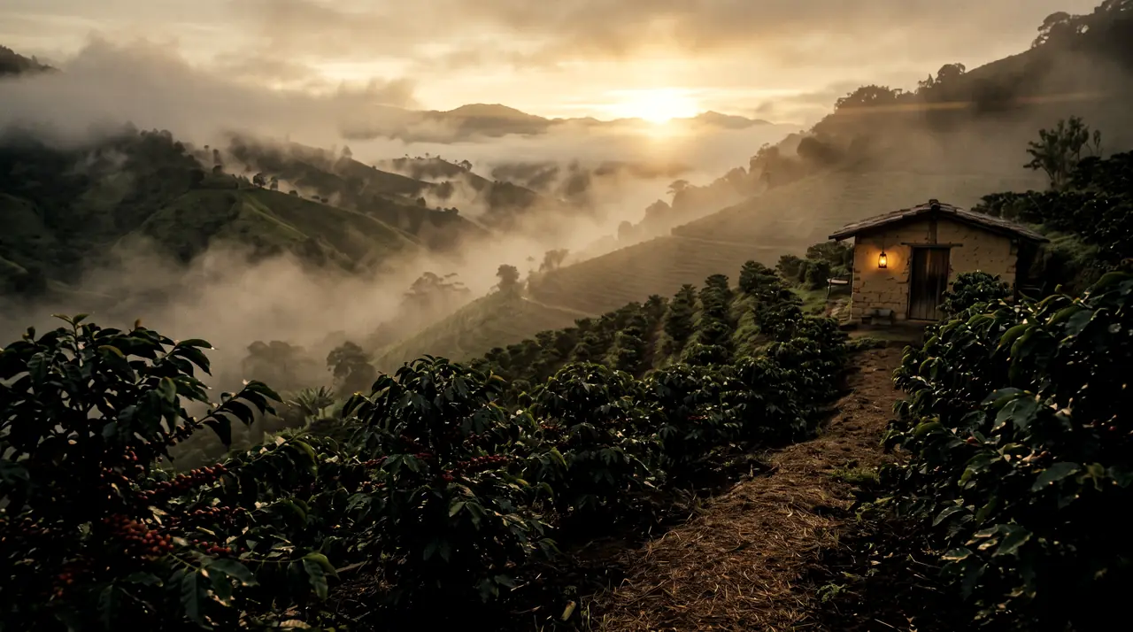 Rows of coffee plants on misty hills at sunrise, a small house with a lit window among them