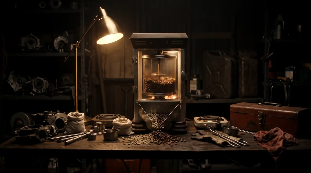 A workbench in a garage with a converted popcorn machine, scales and jars of beans under a lamp