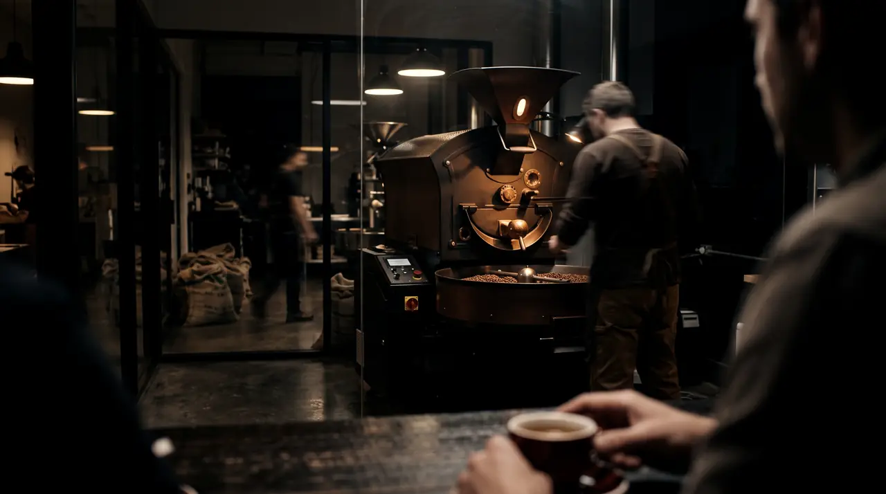 A roastery behind a glass wall, with the drum running and a roaster at work