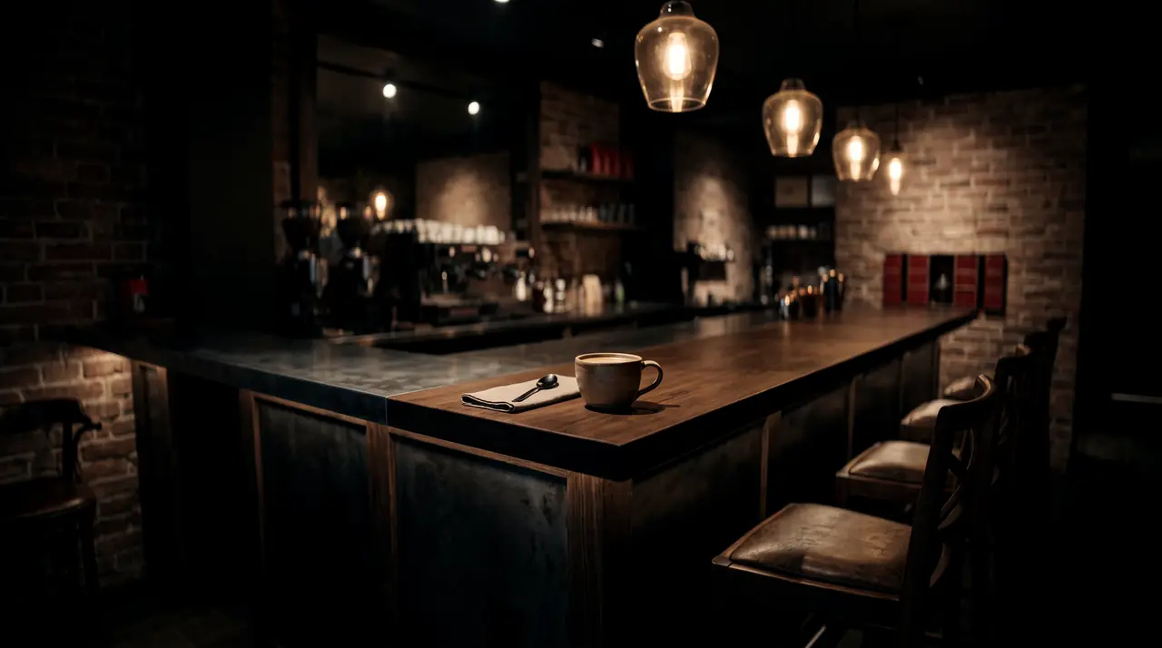 A dark wooden bar with stools, pendant lamps and a single cup on the counter