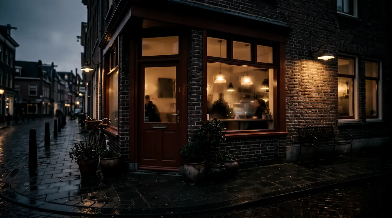 A corner café with a red door and warm windows on a wet street at dusk