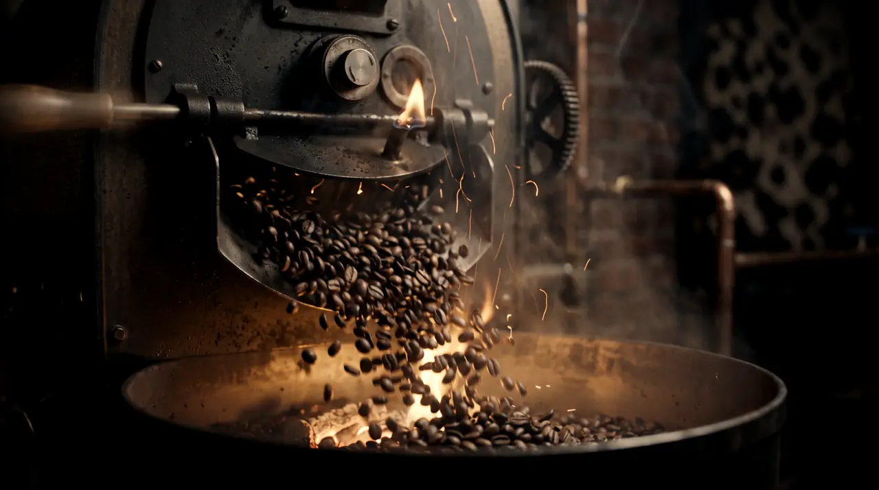 Roasted beans pouring from a drum roaster into the cooling tray, with flames and steam