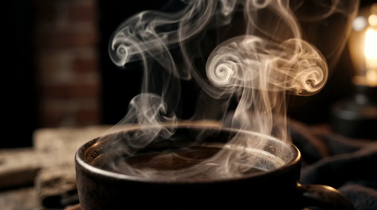 Steam curling up from a dark cup against a brick wall
